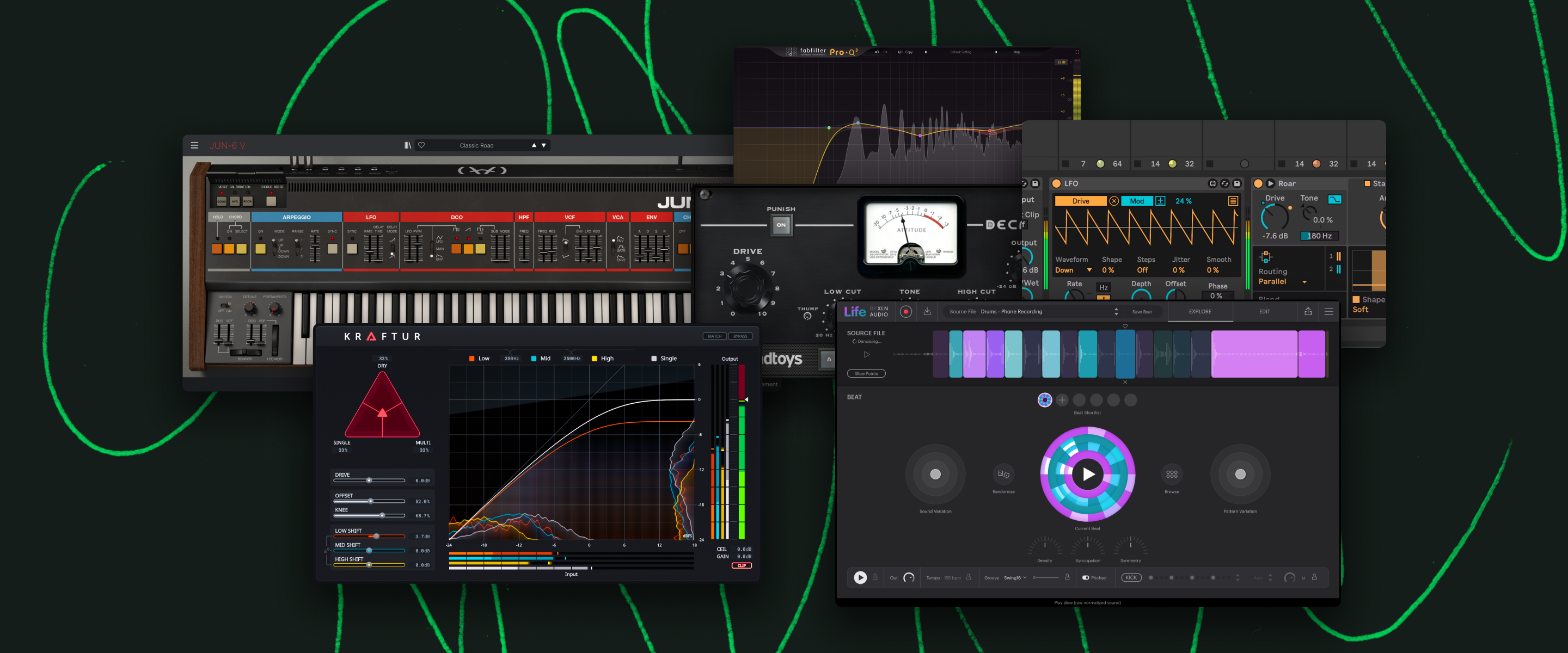 Screenshots of various DAWs, synth plugins, and effect plugins